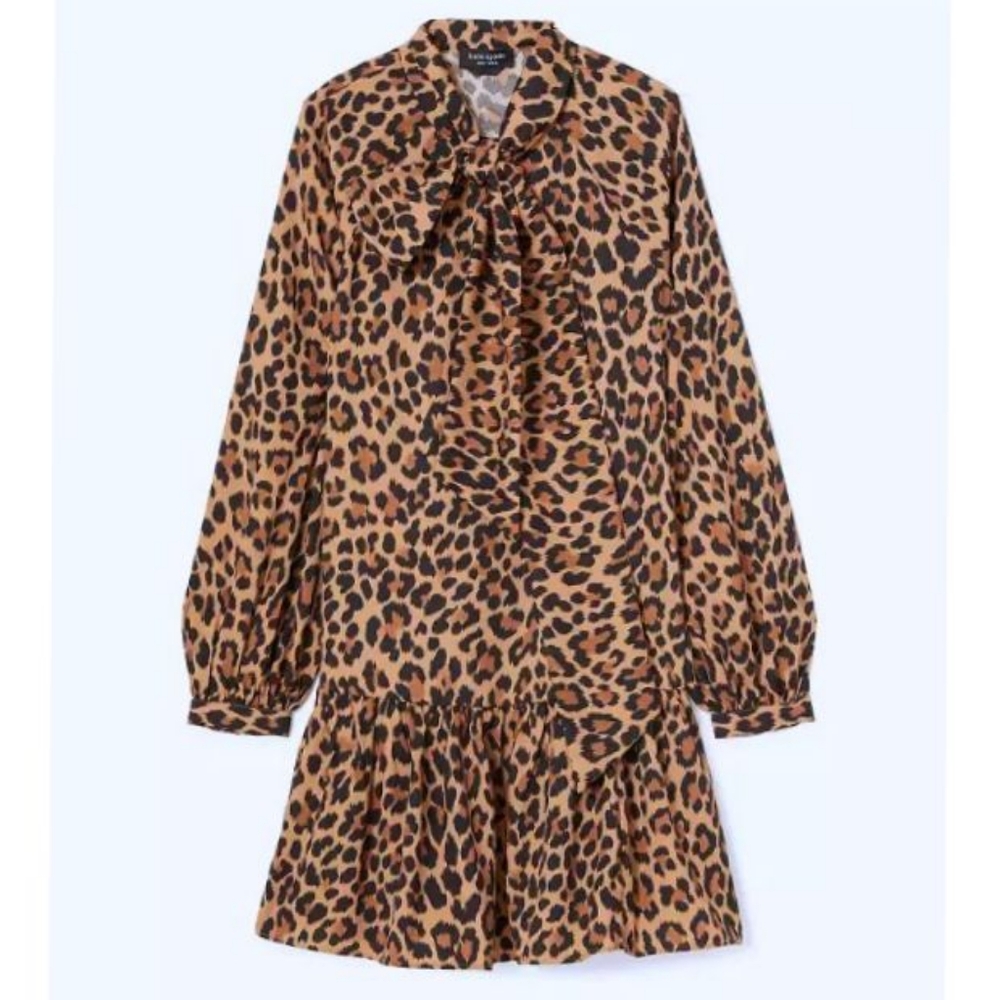 Kate Spade NY Leopard Print Necktie Drop Waist Drop Long Sleeves Swing Dress - Picture 1 of 11